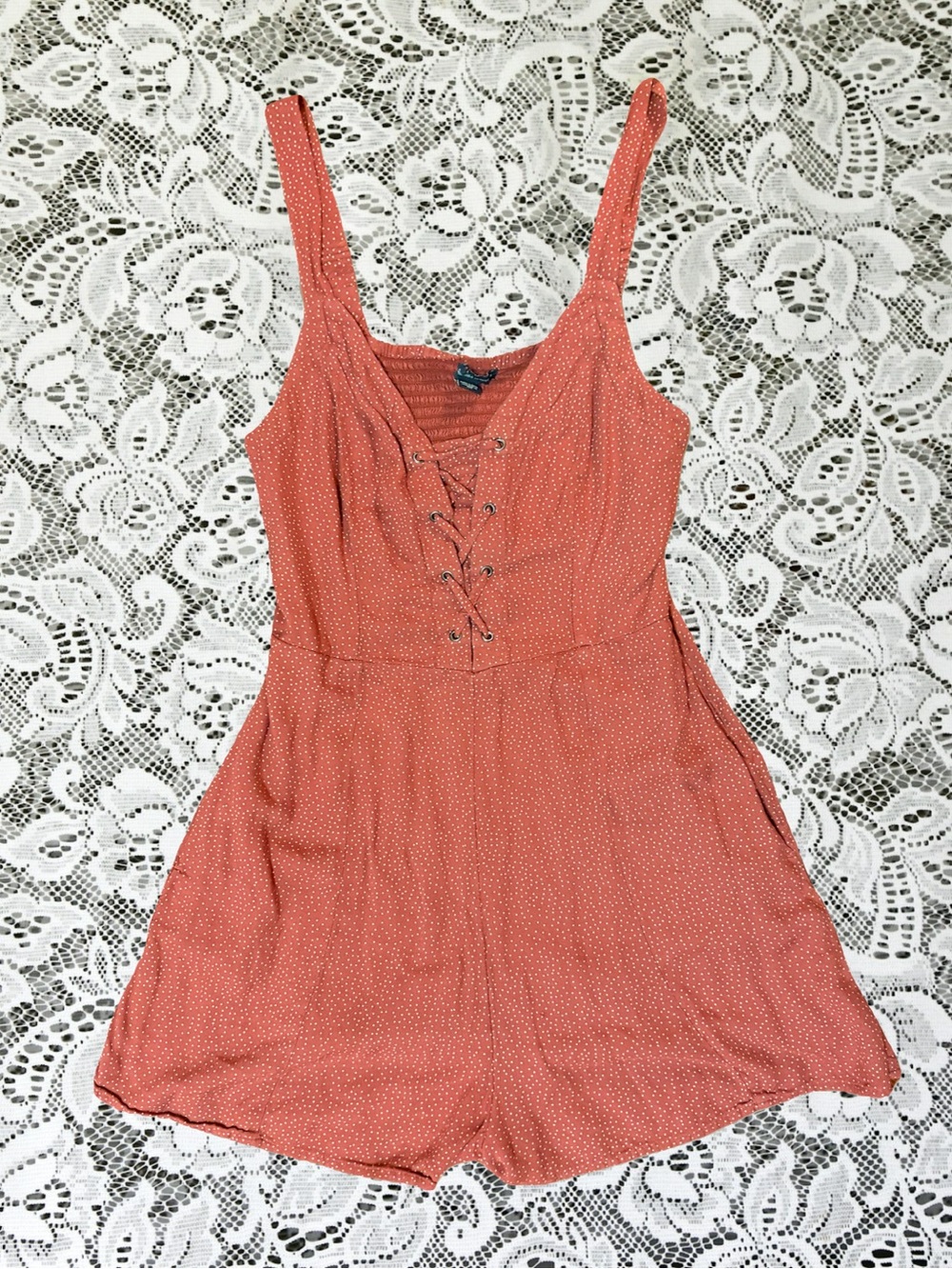 American Eagle Outfitters Red Polka Dot Lace-Up Romper